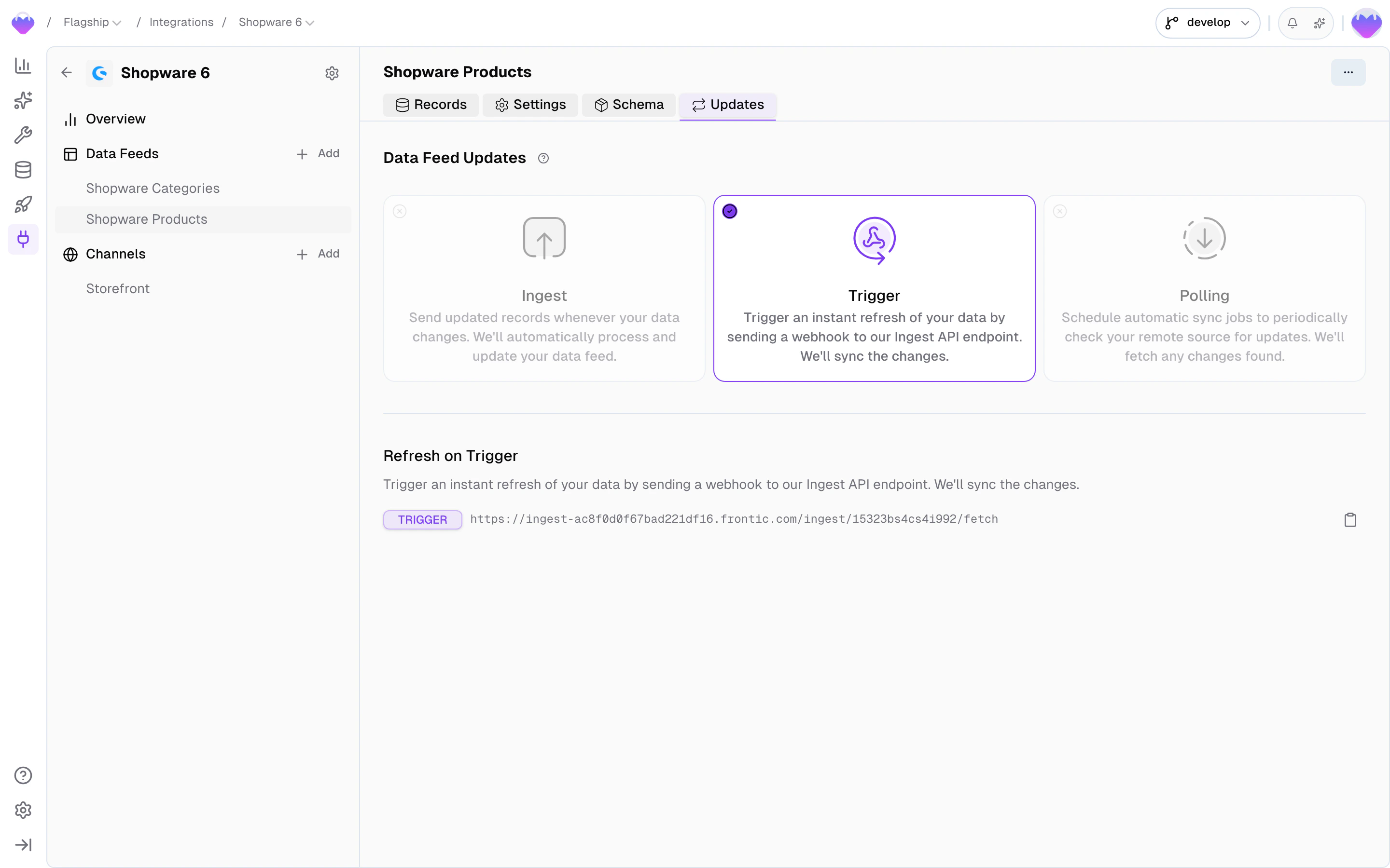 Feed Updates showing three update method cards: Ingest (push via API), Trigger (webhook), and Polling (scheduled sync with interval and time window configuration)