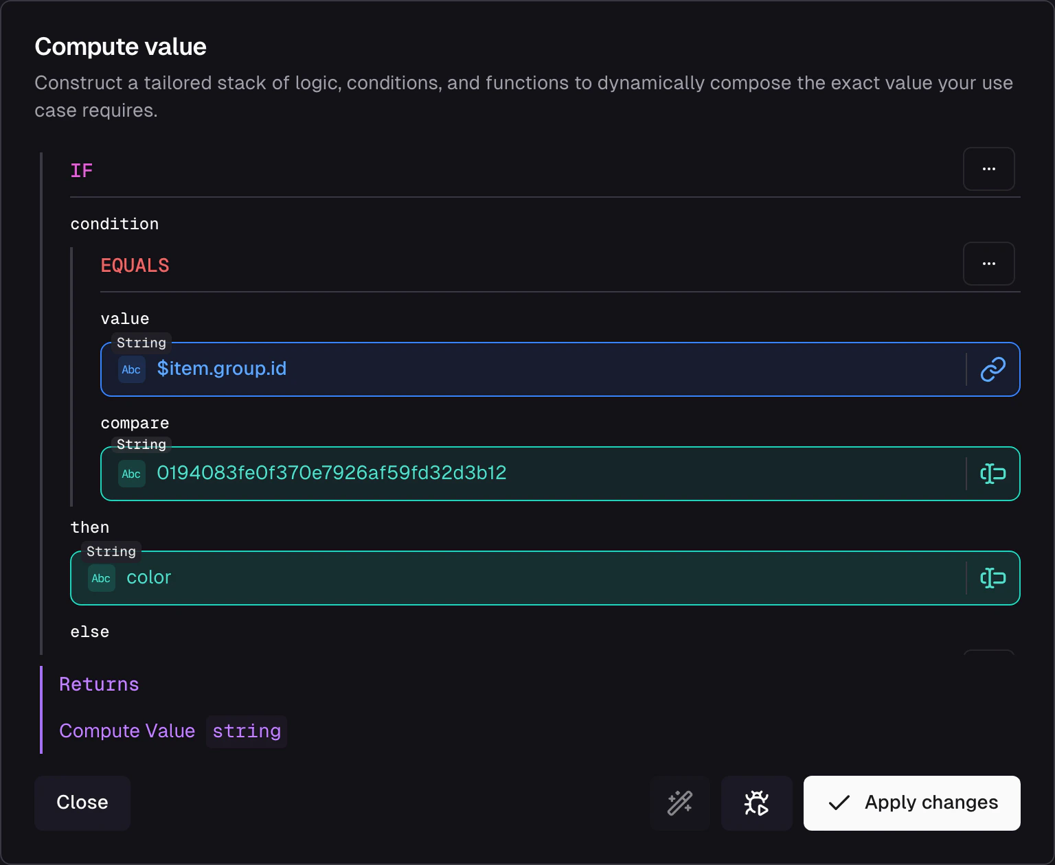 Compose Value dialog showing an IF operation with condition, then, and else slots configured