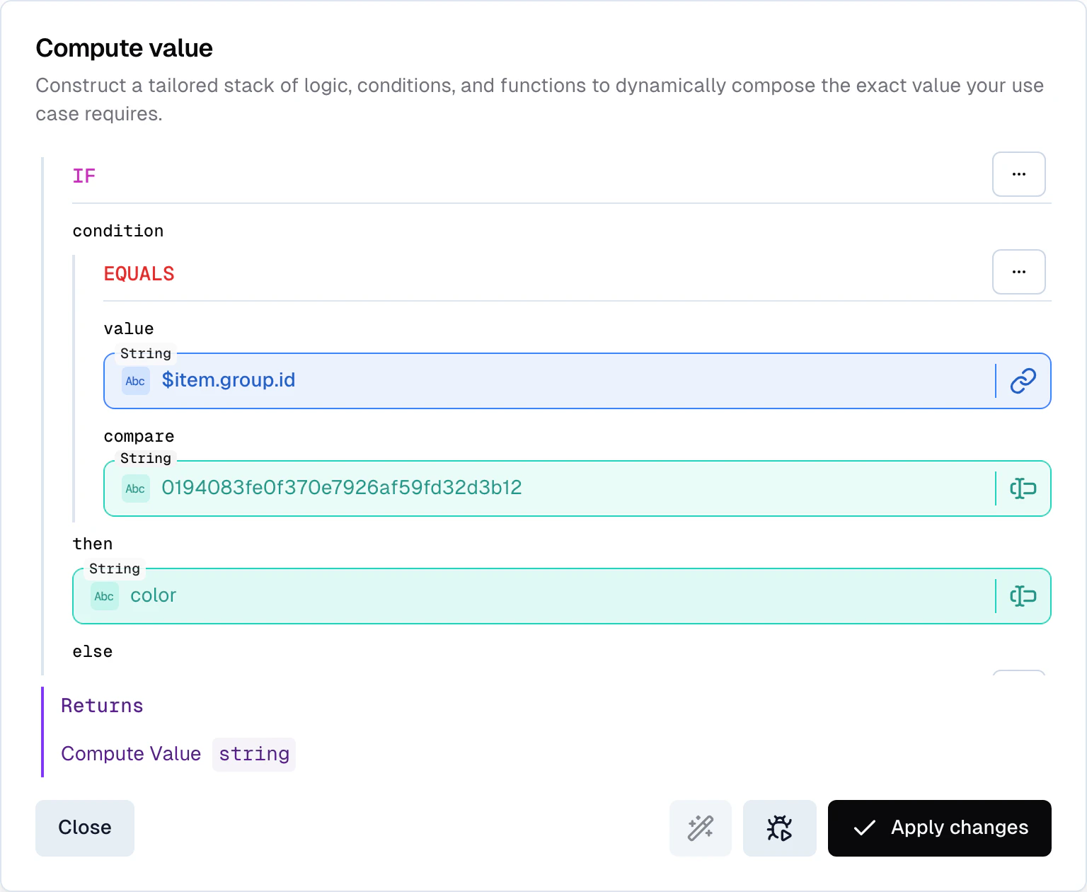 Compose Value dialog showing an IF operation with condition, then, and else slots configured