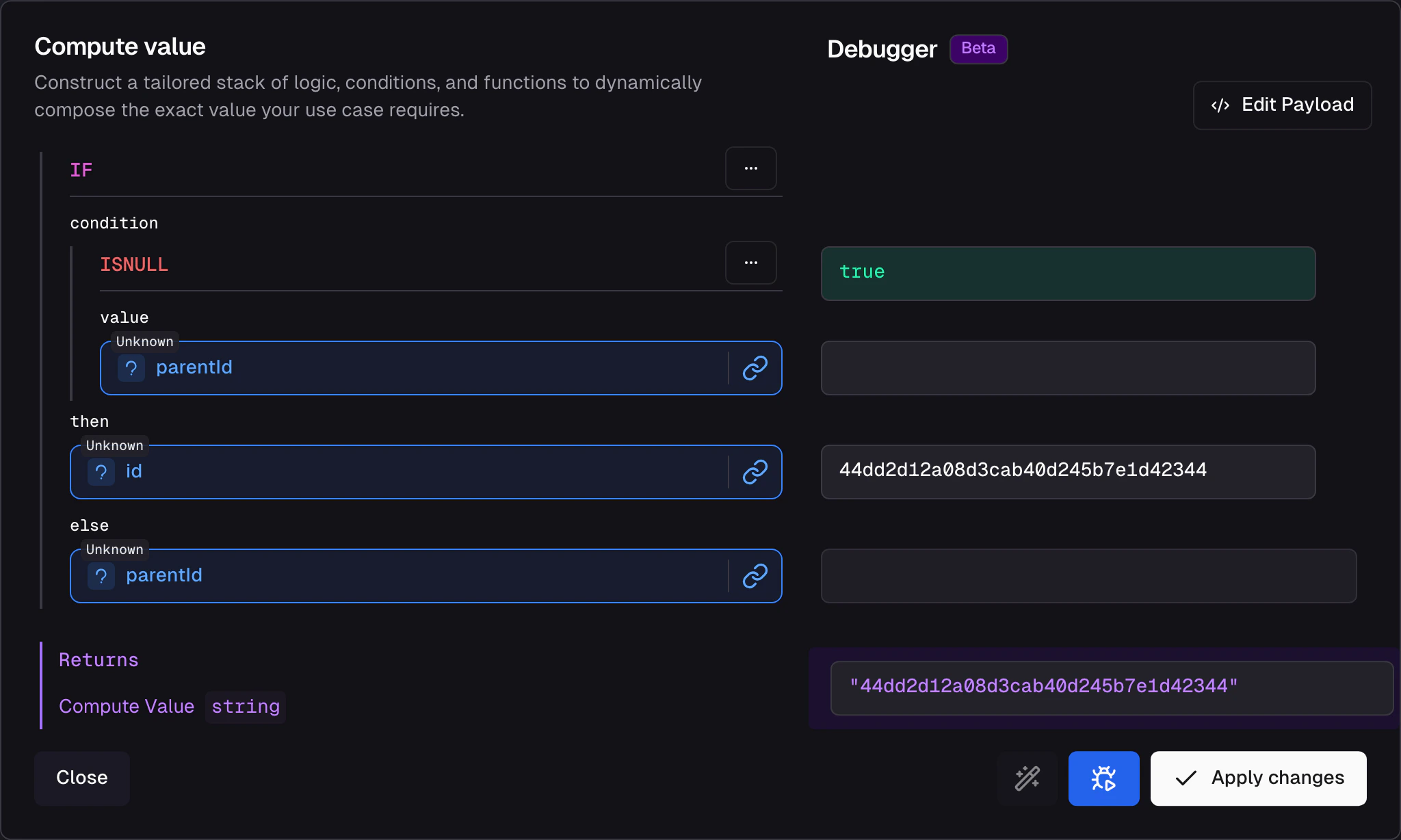Field-level debugger showing node-wise output alongside the Compose Value configuration, with Search Record and Edit Payload buttons