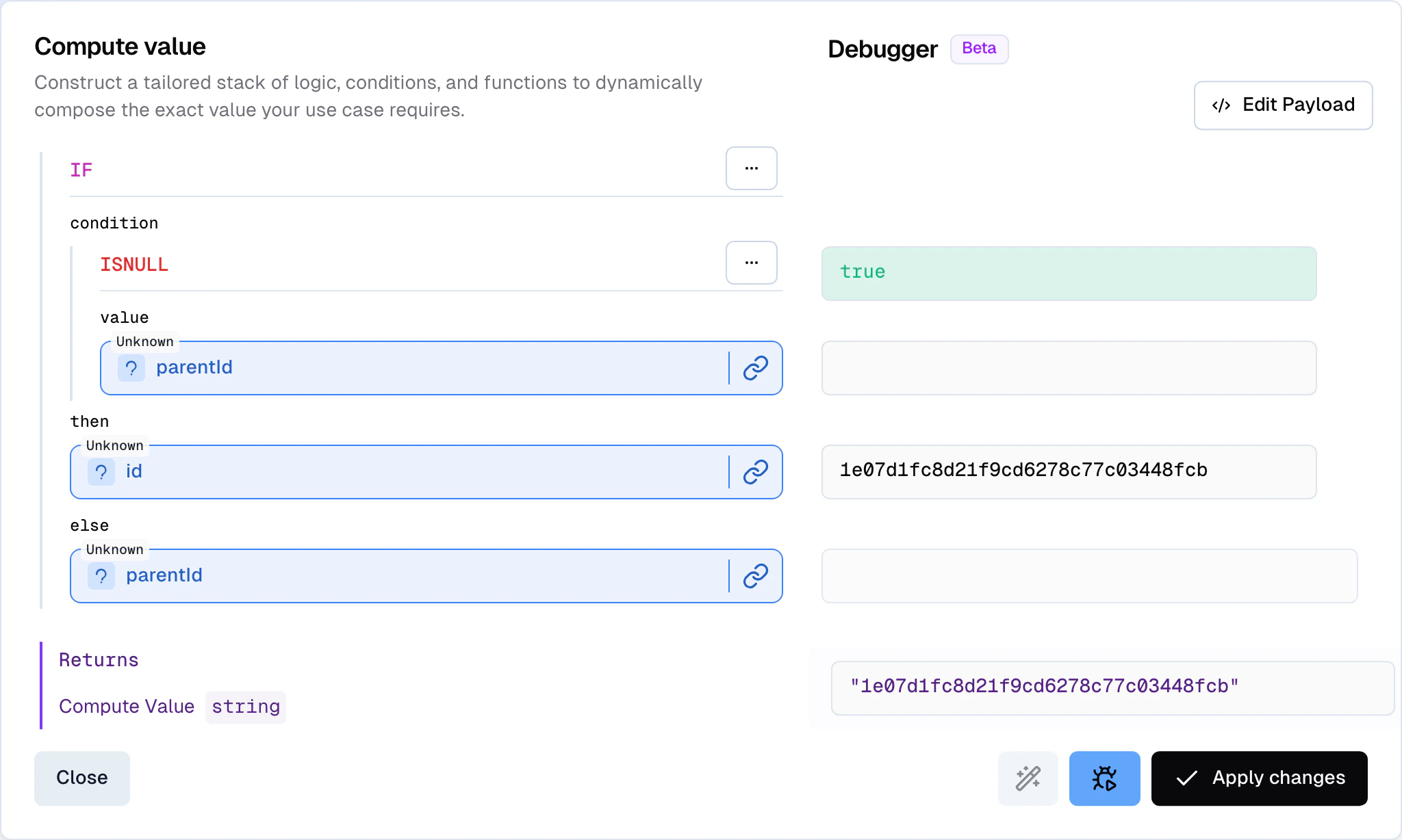 Field-level debugger showing node-wise output alongside the Compose Value configuration, with Search Record and Edit Payload buttons