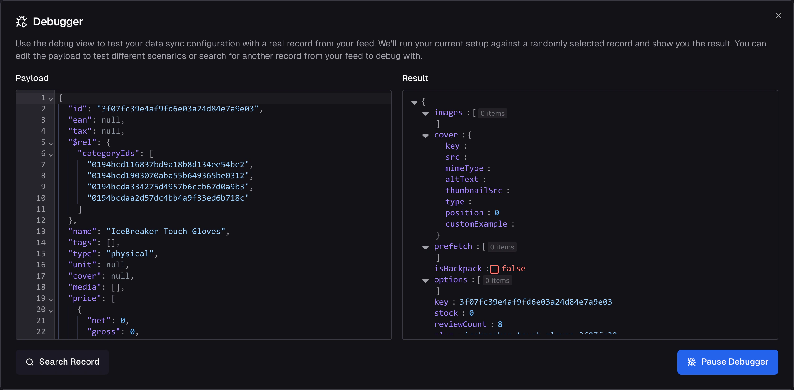 Record-level debugger showing complete output for all storage fields with error highlighting