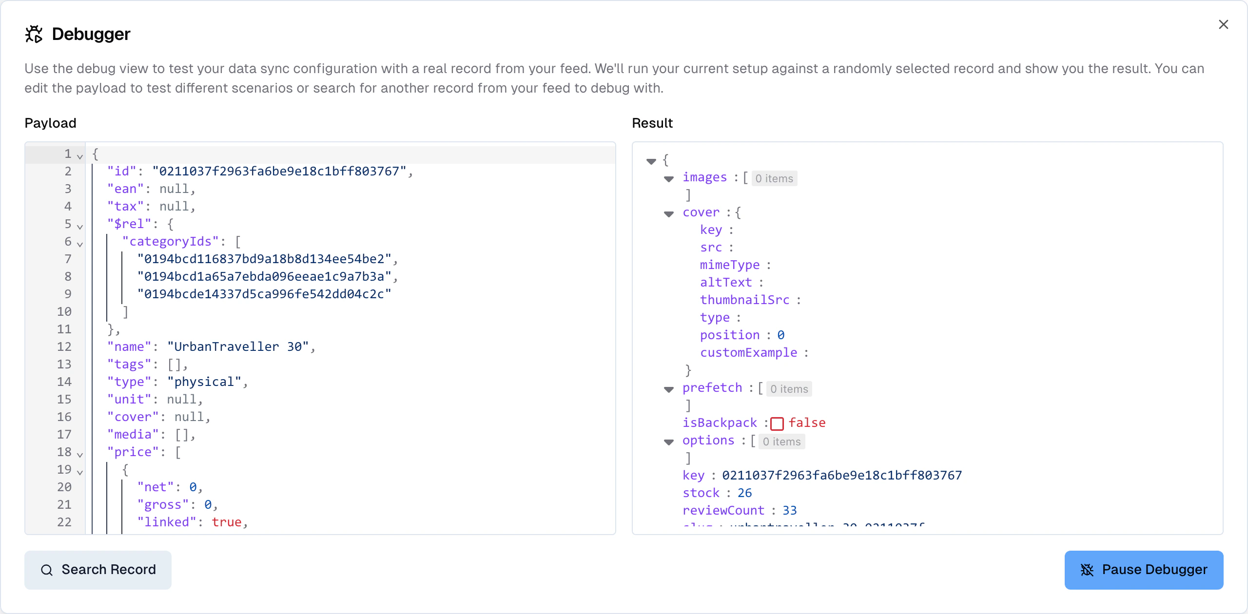 Record-level debugger showing complete output for all storage fields with error highlighting