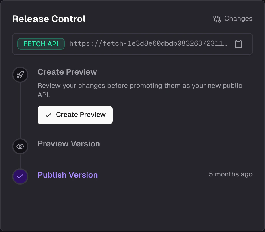 Release Control on the project dashboard, showing develop state, preview slot, and available actions