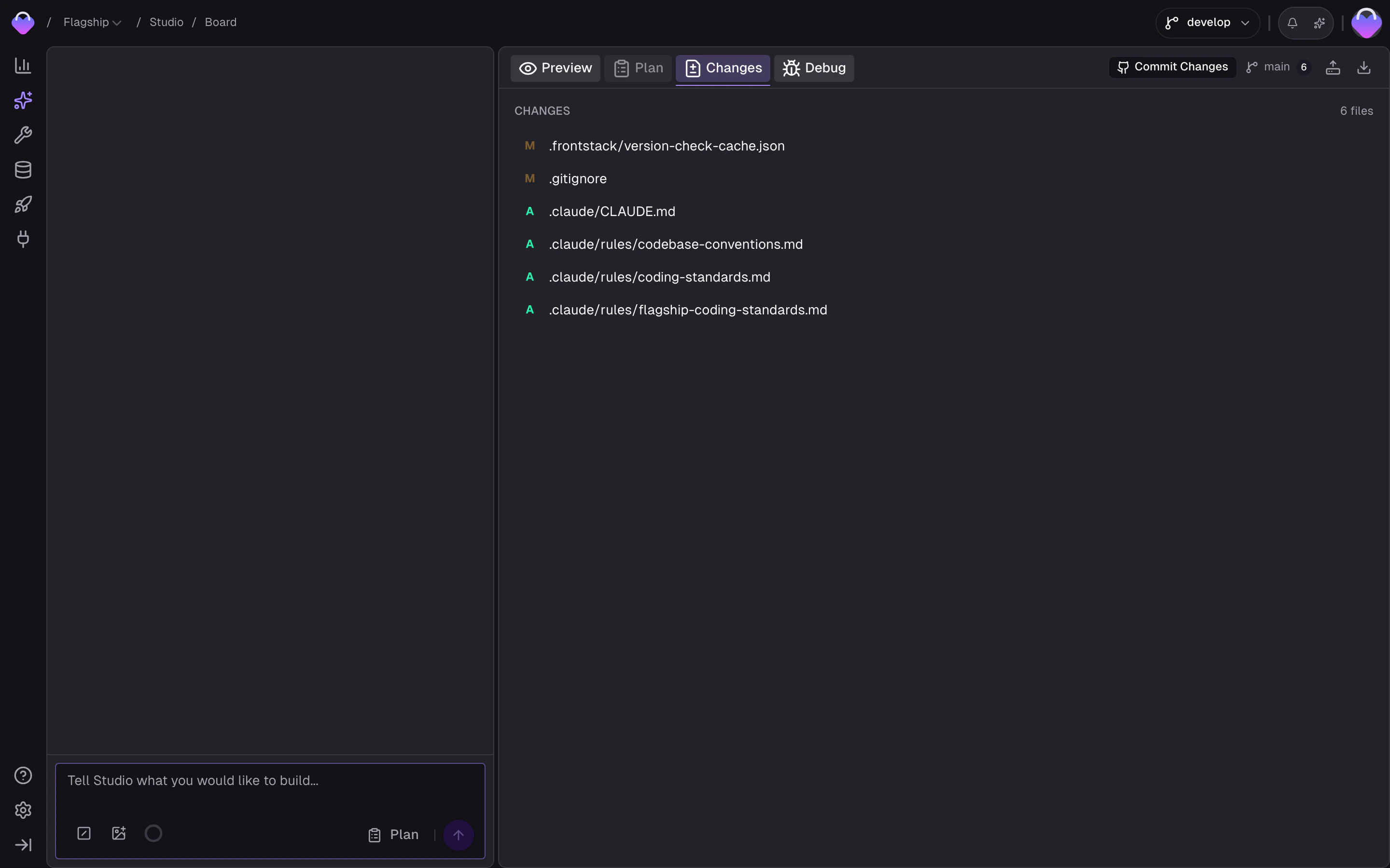 Studio Changes panel showing a file tree of modified files, a line-by-line diff view, and the commit message input