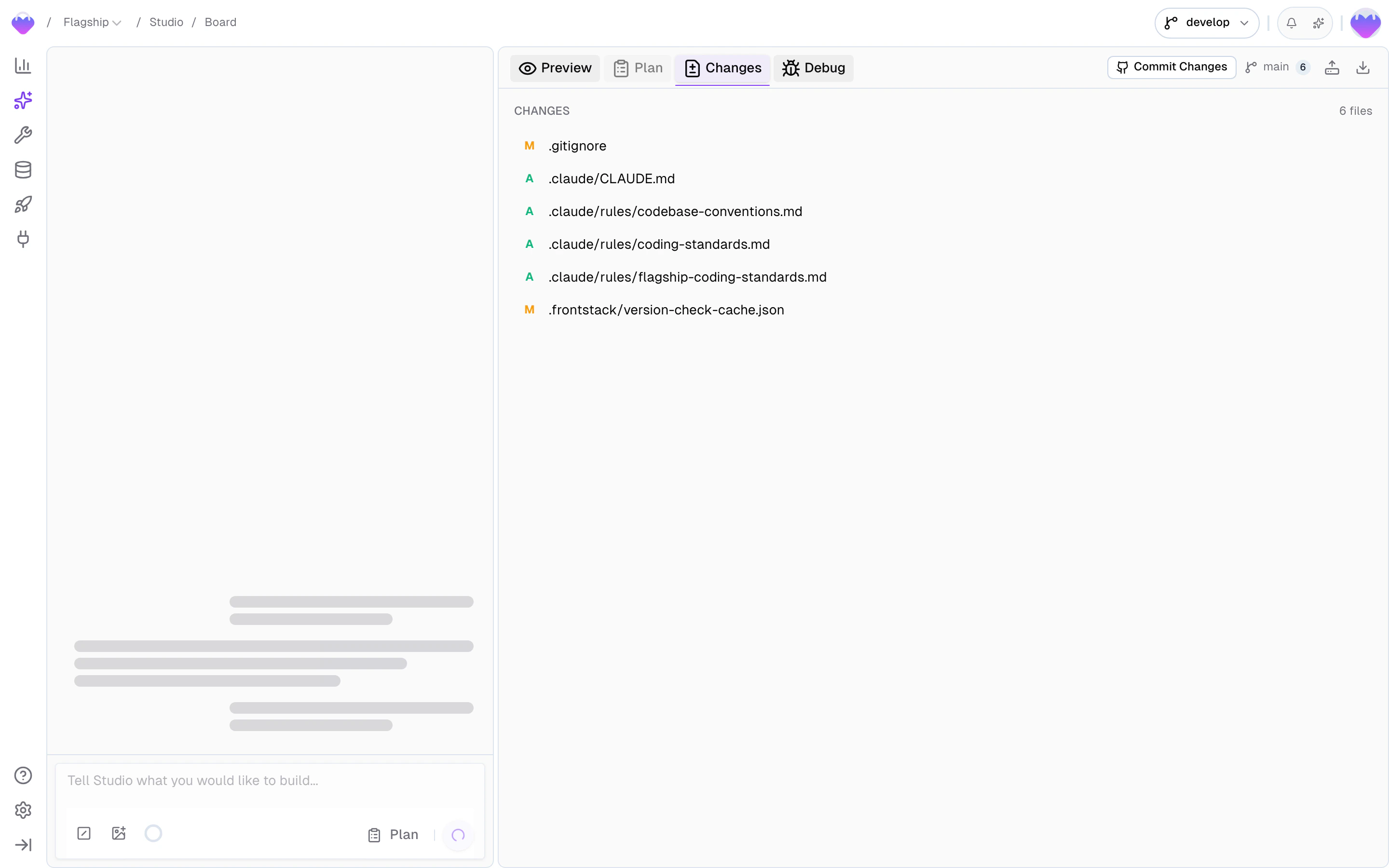 Studio Changes panel showing a file tree of modified files, a line-by-line diff view, and the commit message input