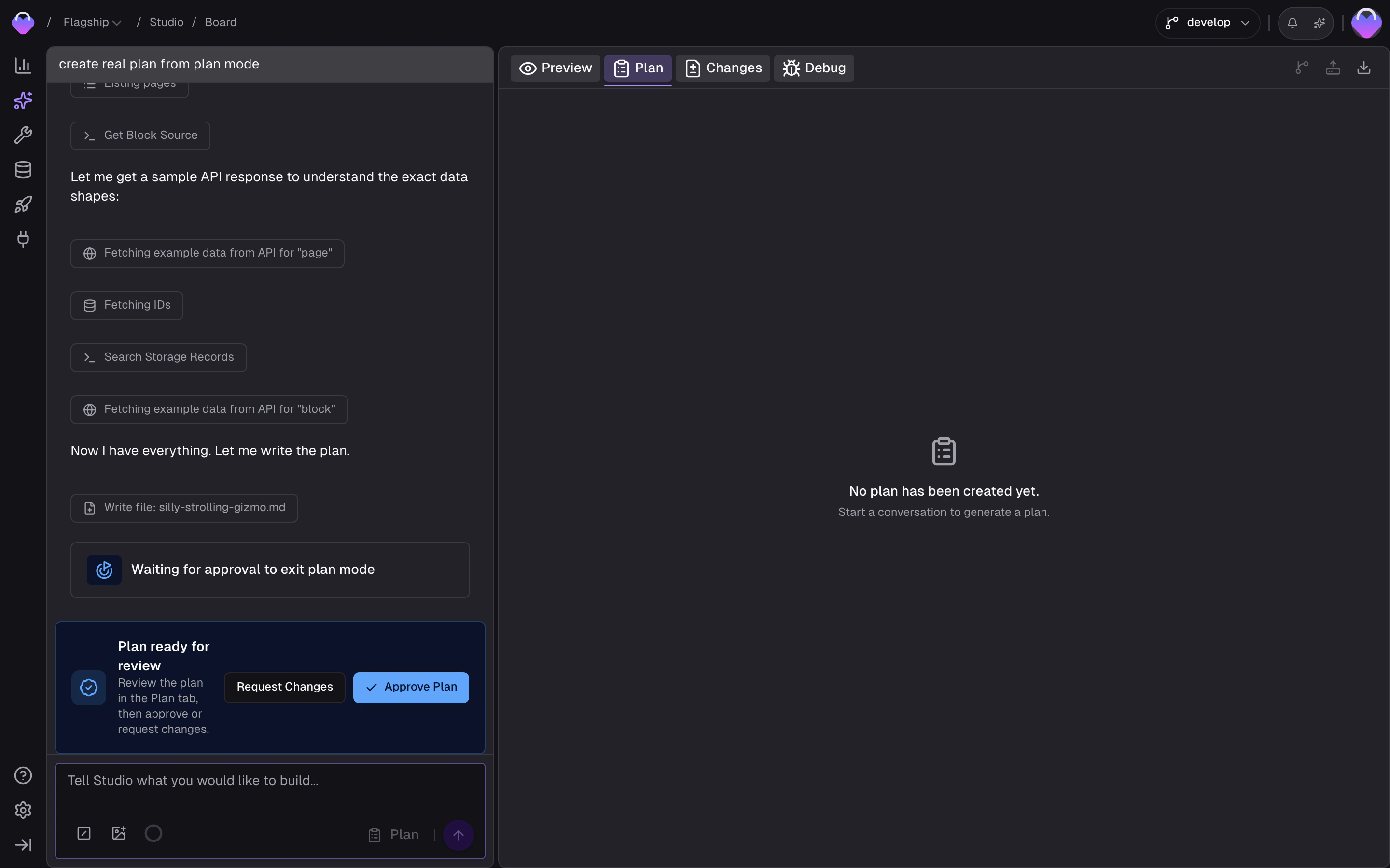 Studio workspace with the Plan tab selected, showing a Markdown plan and Approve / Reject controls; chat conversation visible on the left