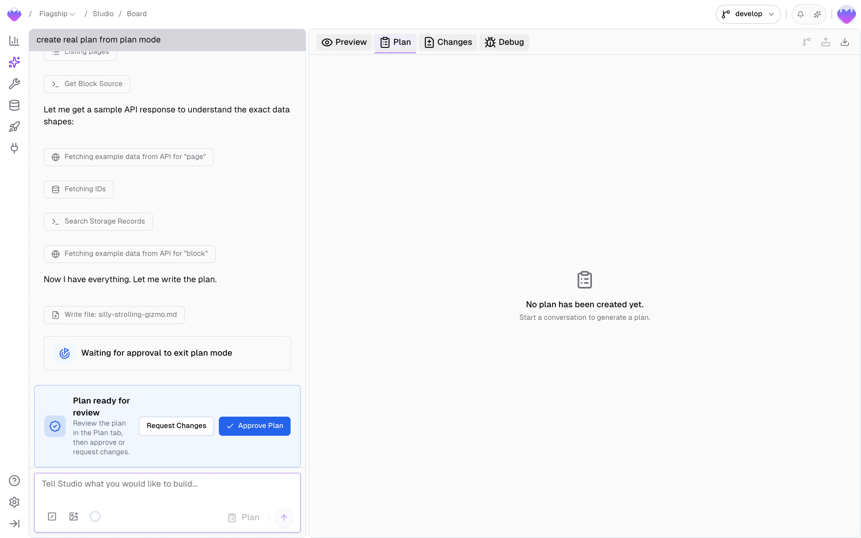 Studio workspace with the Plan tab selected, showing a Markdown plan and Approve / Reject controls; chat conversation visible on the left