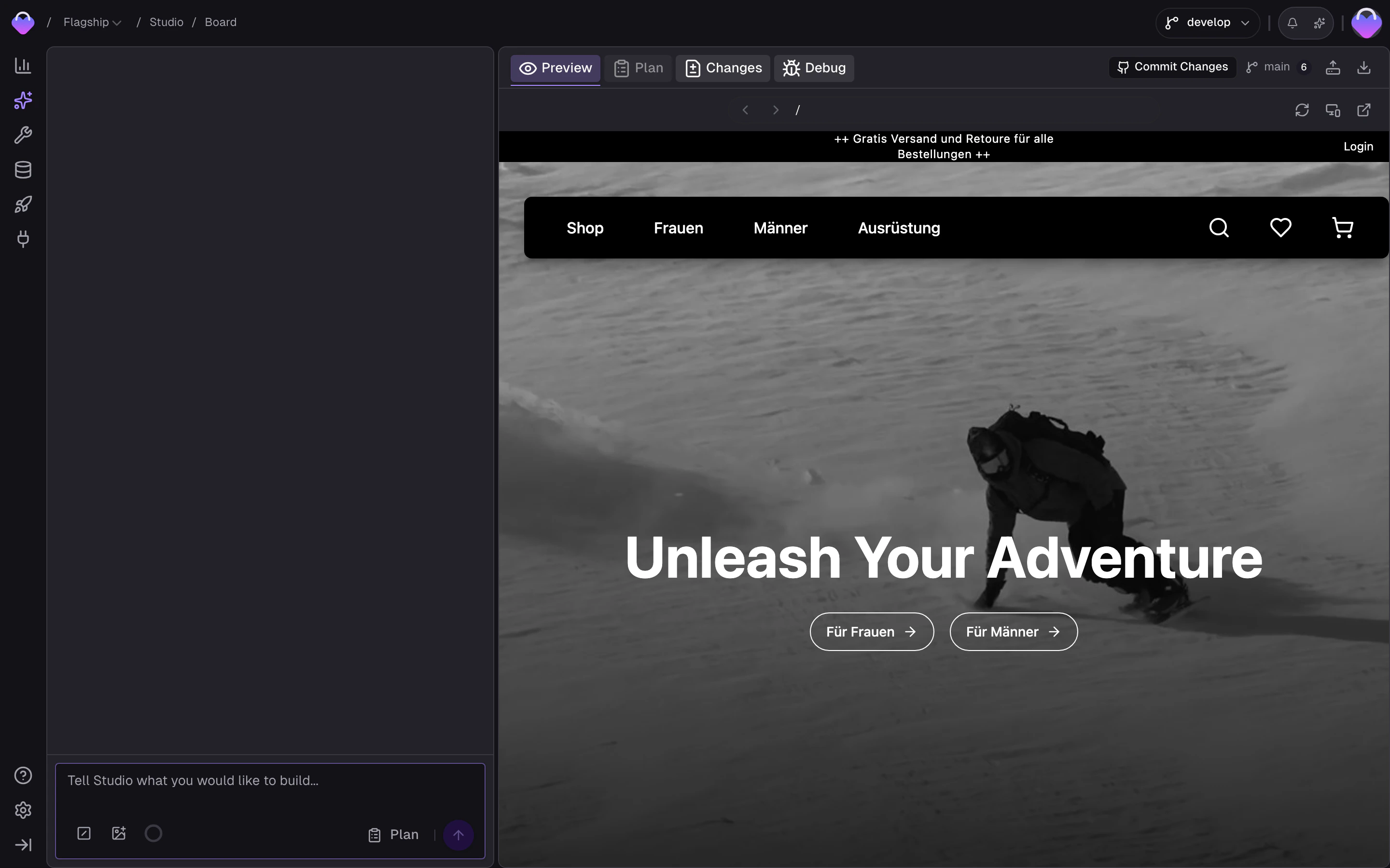 Studio Preview panel showing a live-rendered page with refresh, viewport toggle, open-in-new-tab, and download controls
