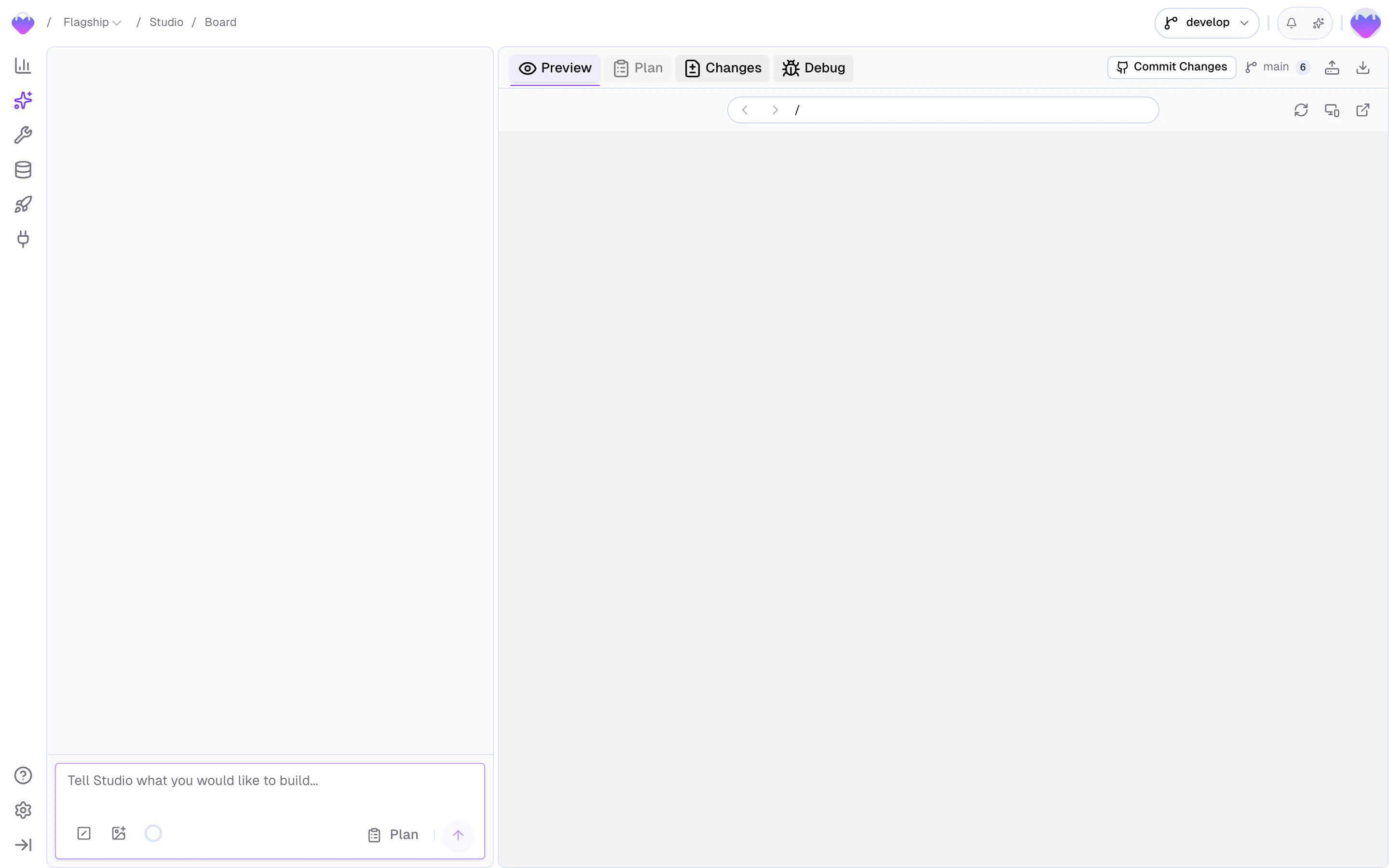 Studio Preview panel showing a live-rendered page with refresh, viewport toggle, open-in-new-tab, and download controls