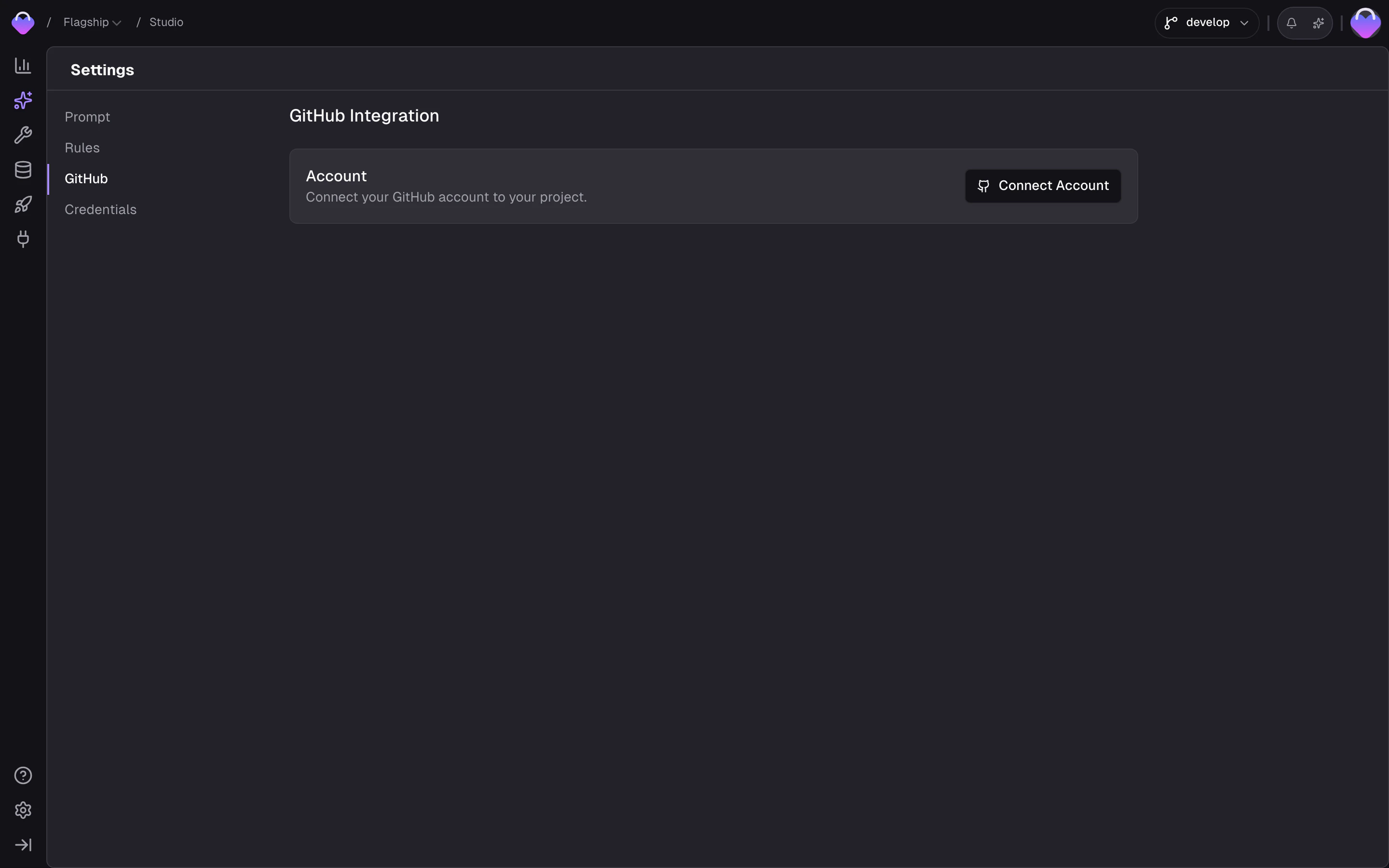 Studio Settings — GitHub tab showing the project's GitHub Integration with the Connect Account action
