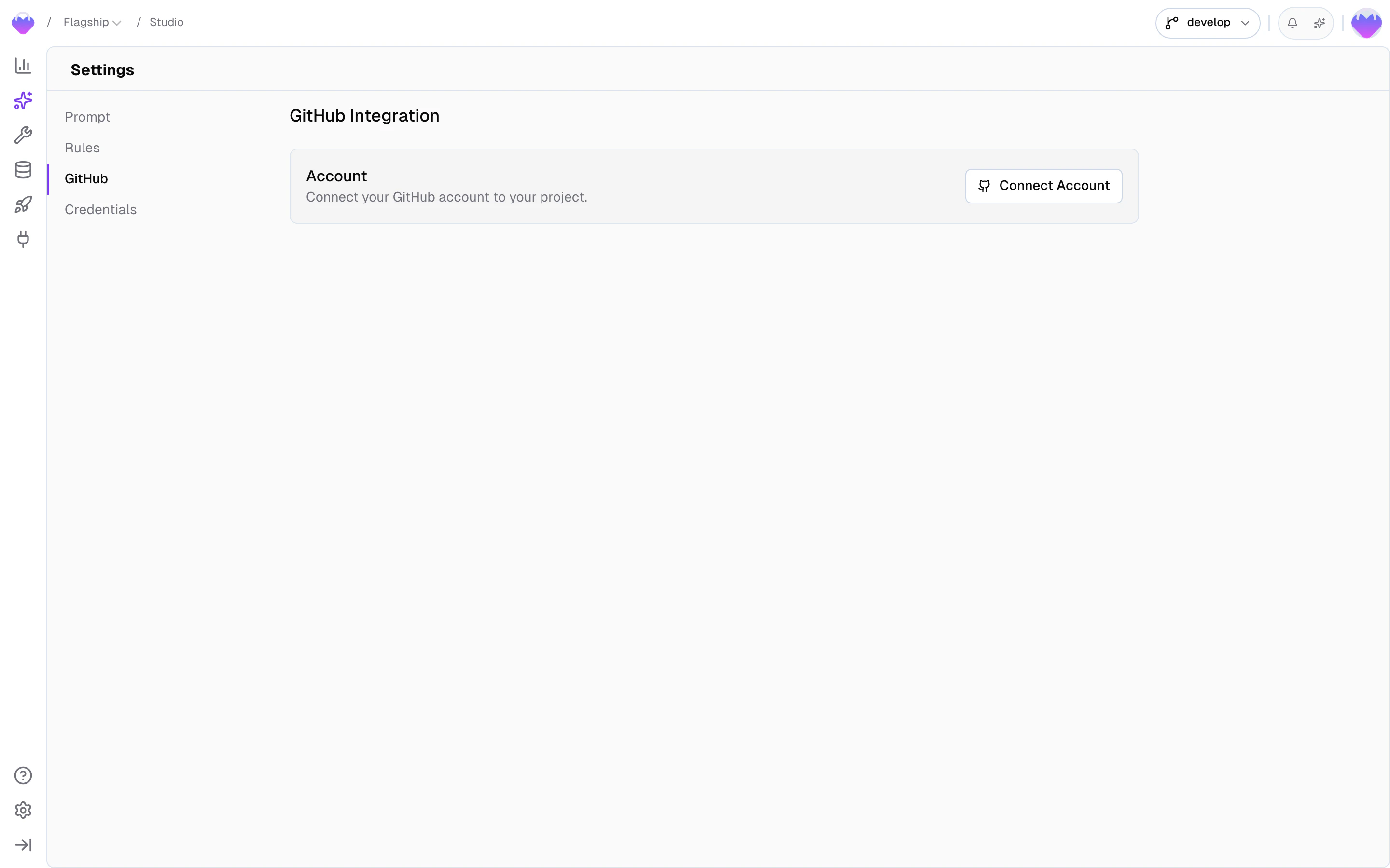 Studio Settings — GitHub tab showing the project's GitHub Integration with the Connect Account action