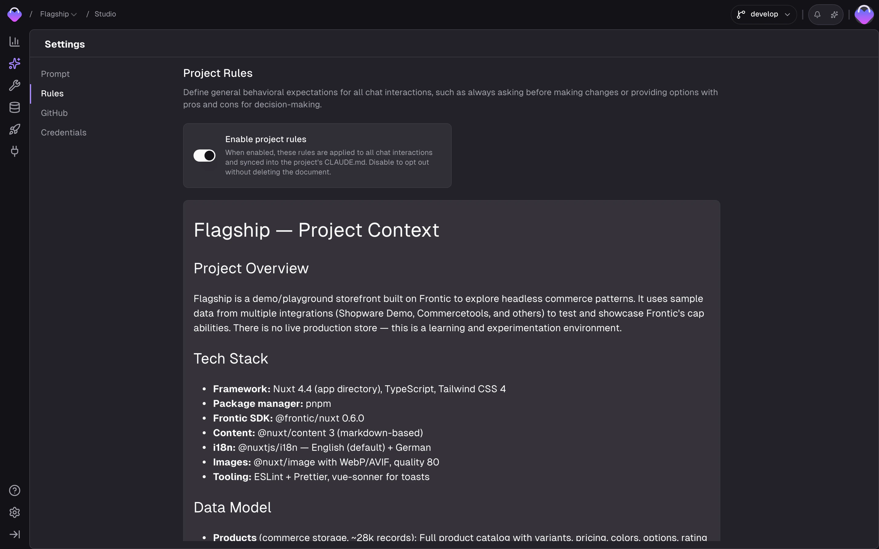 Studio Settings — Rules tab with the project rules enable toggle and the rules document editor