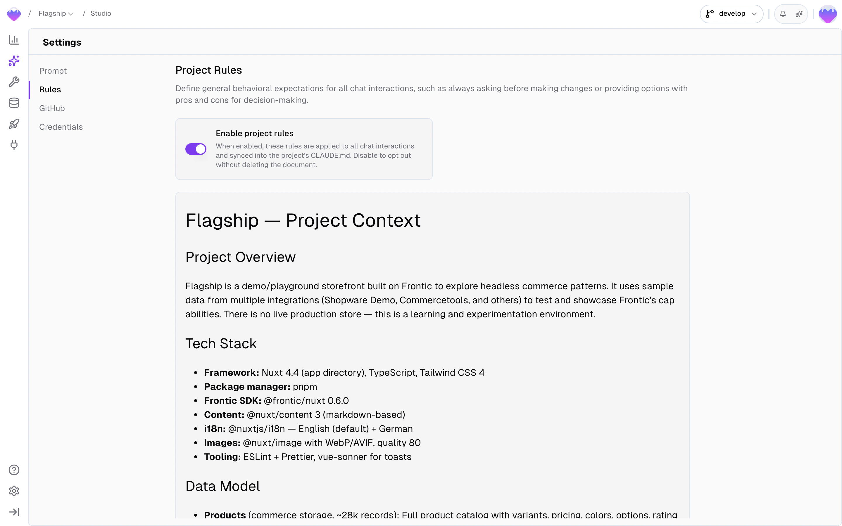 Studio Settings — Rules tab with the project rules enable toggle and the rules document editor