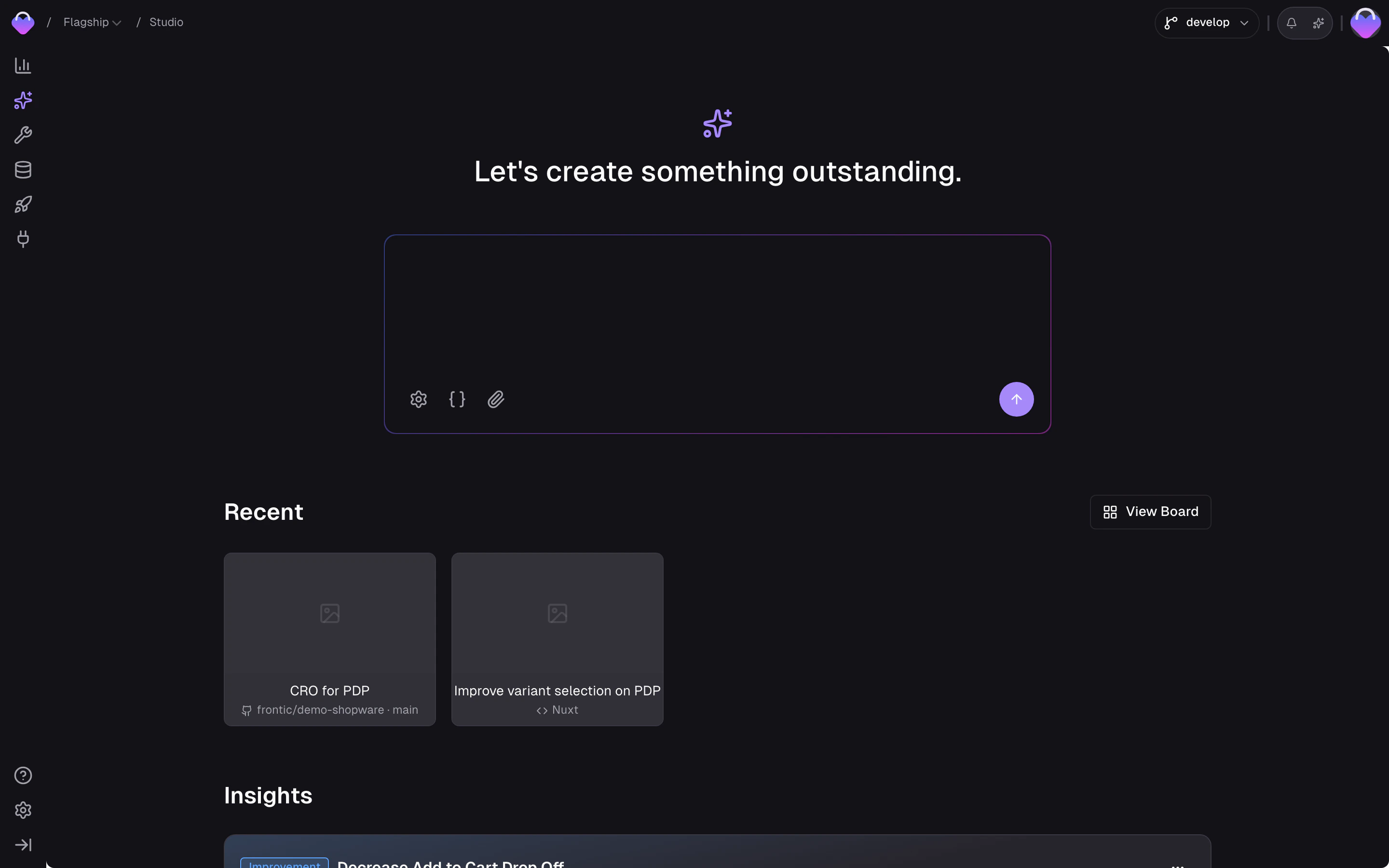 Frontic Studio workspace — chat on the left, live preview on the right