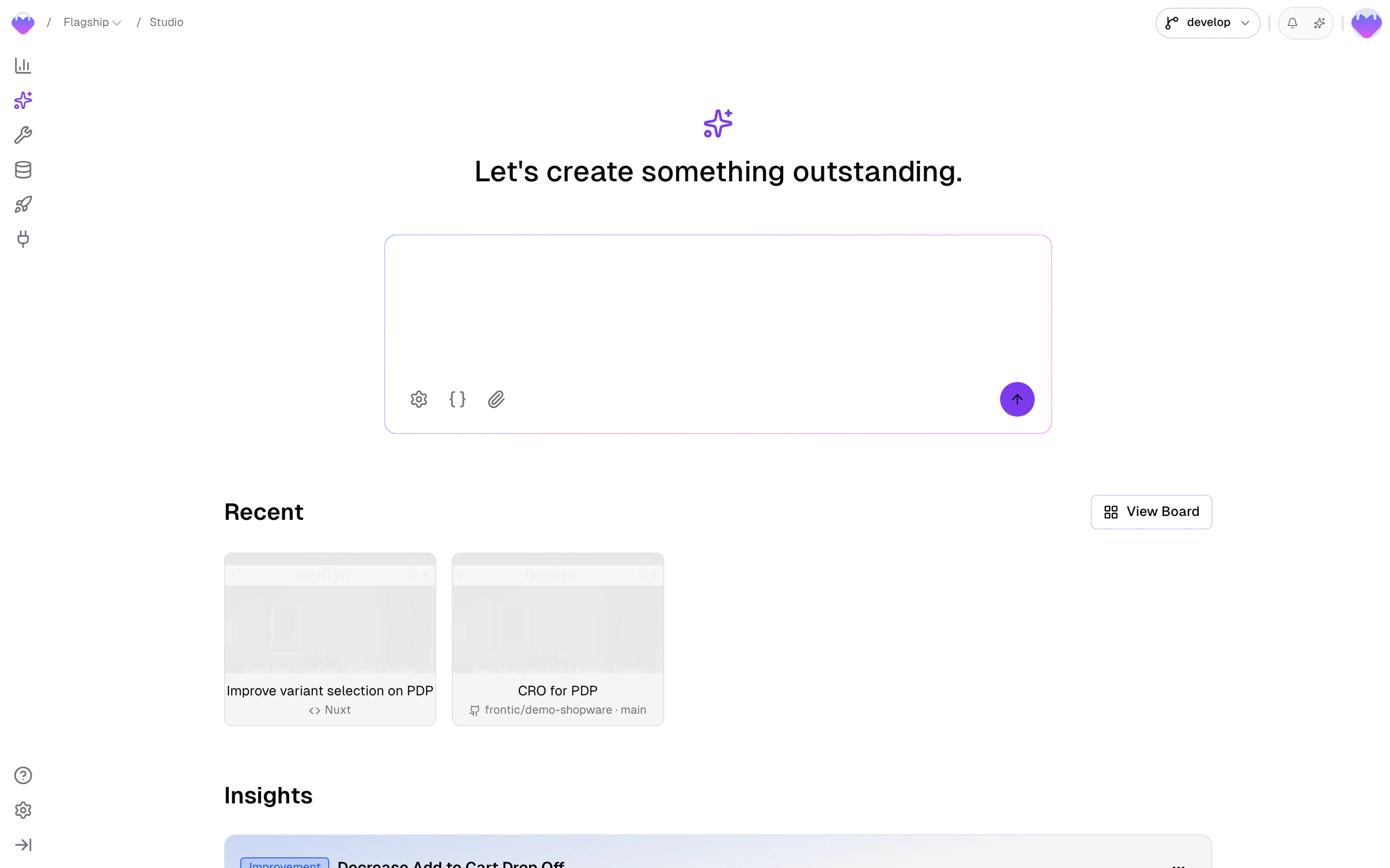 Frontic Studio workspace — chat on the left, live preview on the right