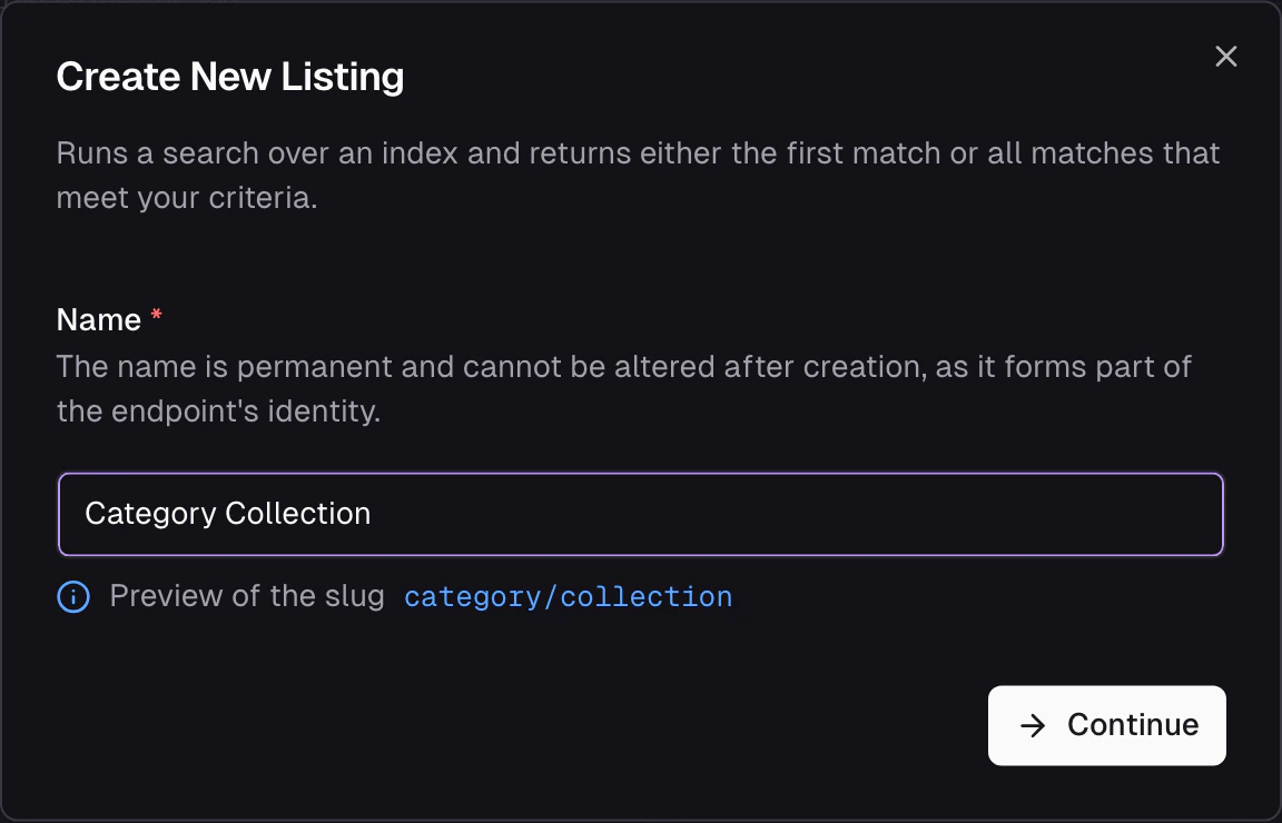 Create listing dialog with name input and auto-generated endpoint URL