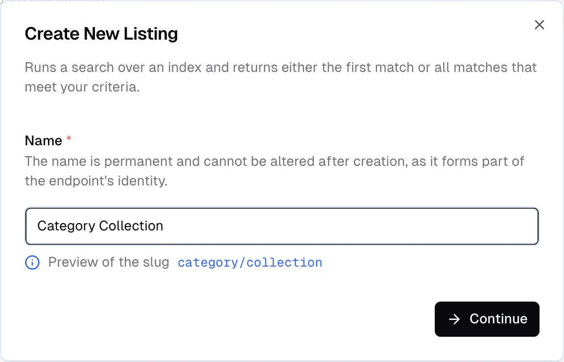 Create listing dialog with name input and auto-generated endpoint URL