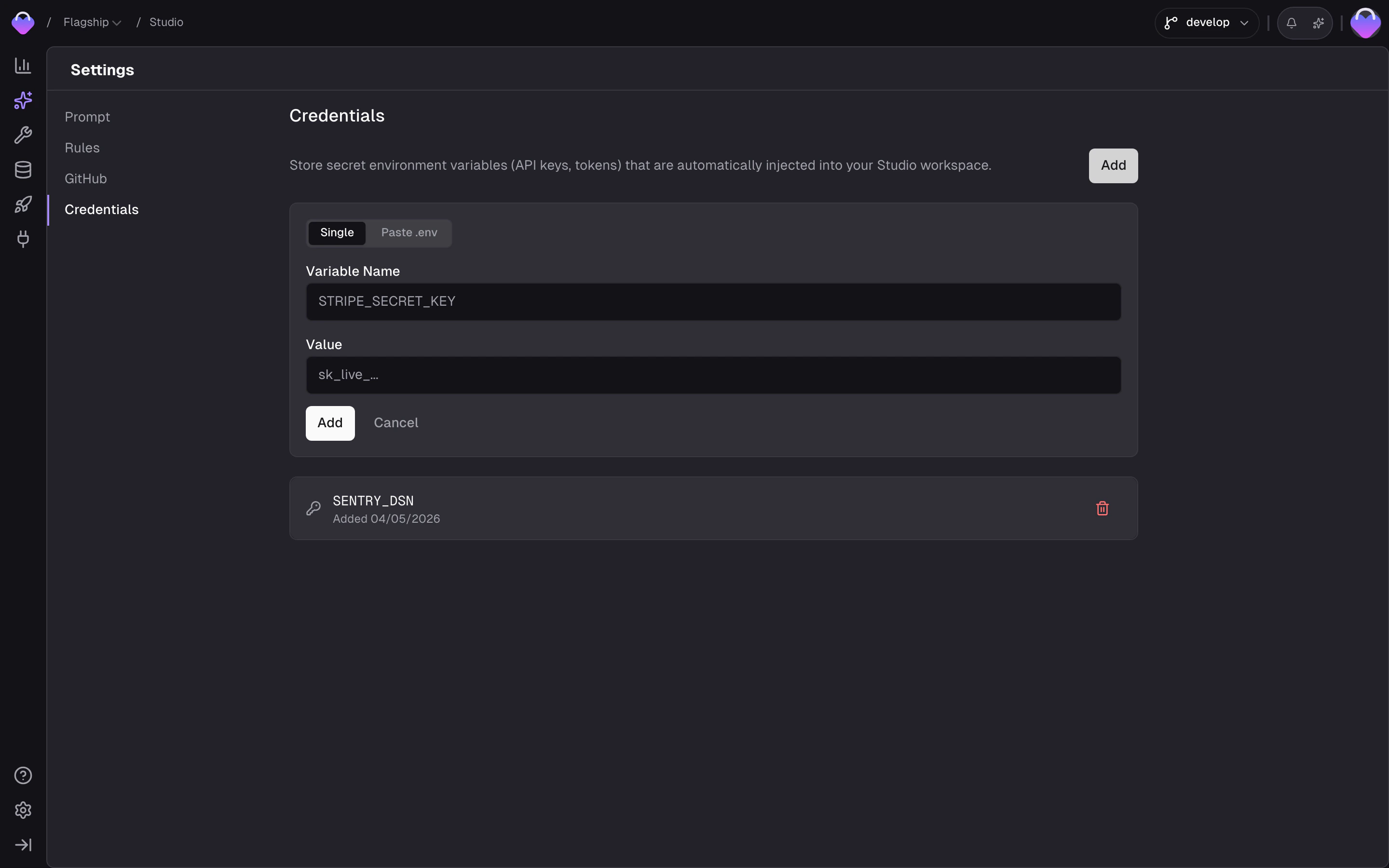 Studio Settings — Credentials tab with the Add form open, showing the Single and Paste .env mode toggle, Variable Name and Value fields, and an existing credential below