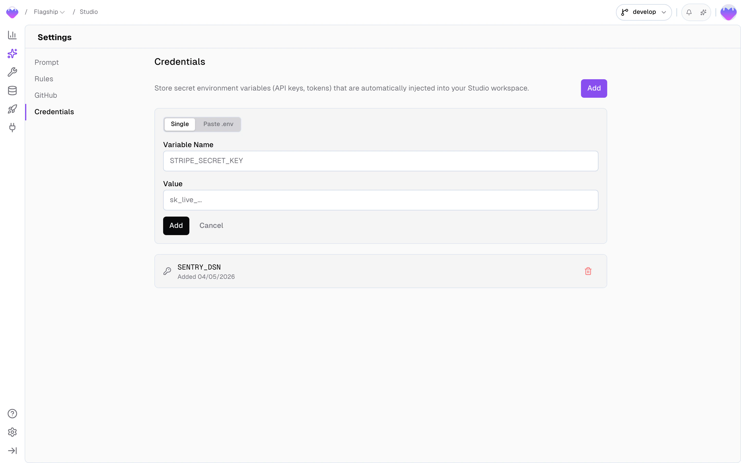 Studio Settings — Credentials tab with the Add form open, showing the Single and Paste .env mode toggle, Variable Name and Value fields, and an existing credential below