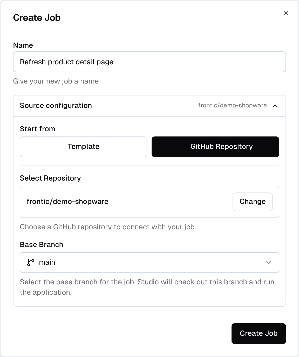Create Job dialog showing the Name field and an expanded Source configuration section with a Template / GitHub Repository toggle set to GitHub Repository, the chosen repo with a Change action, and a Base Branch dropdown set to main