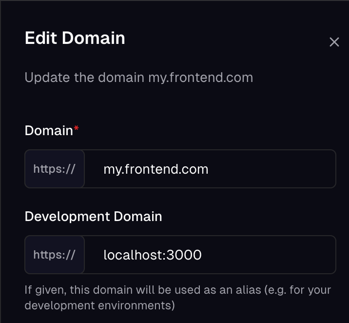Configuration form for development domain alias