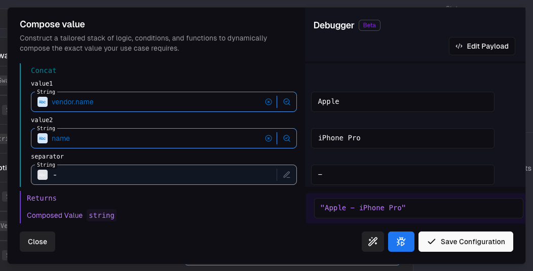 Debugger pane showing node-wise output of concatenation with Apple - iPhone Pro result
