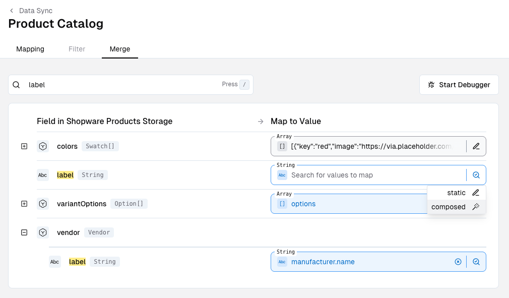 Hovering over mapping mode icon to change from mapped to composed value mode