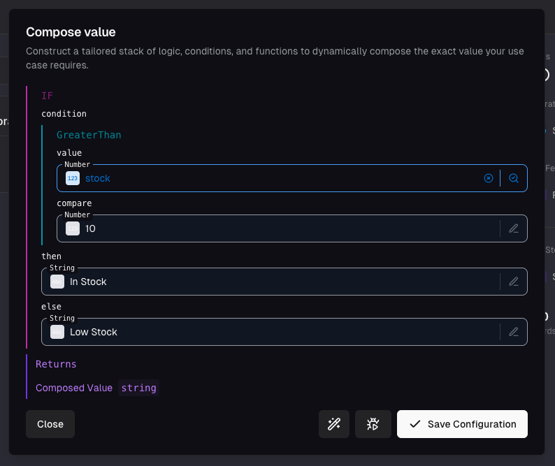 Configured if statement with greaterthan condition comparing stock to 10, returning In Stock or Low Stock