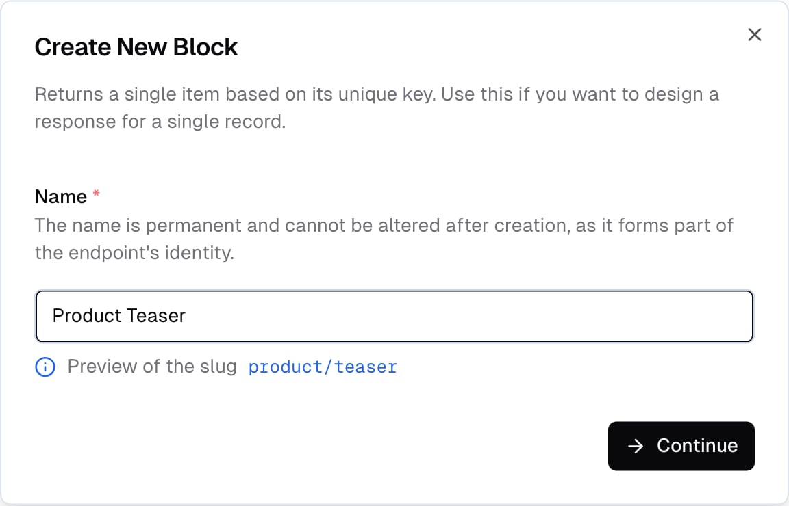 Create block dialog with name input and auto-generated endpoint URL