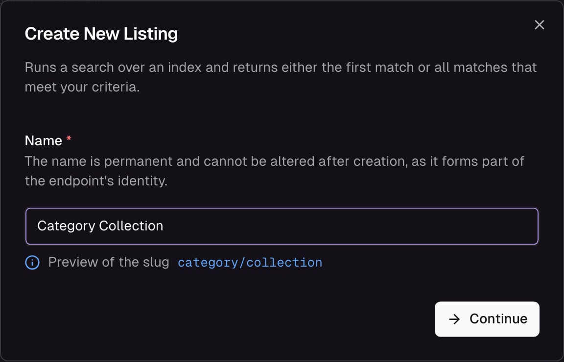 Create listing dialog with name input and auto-generated endpoint URL