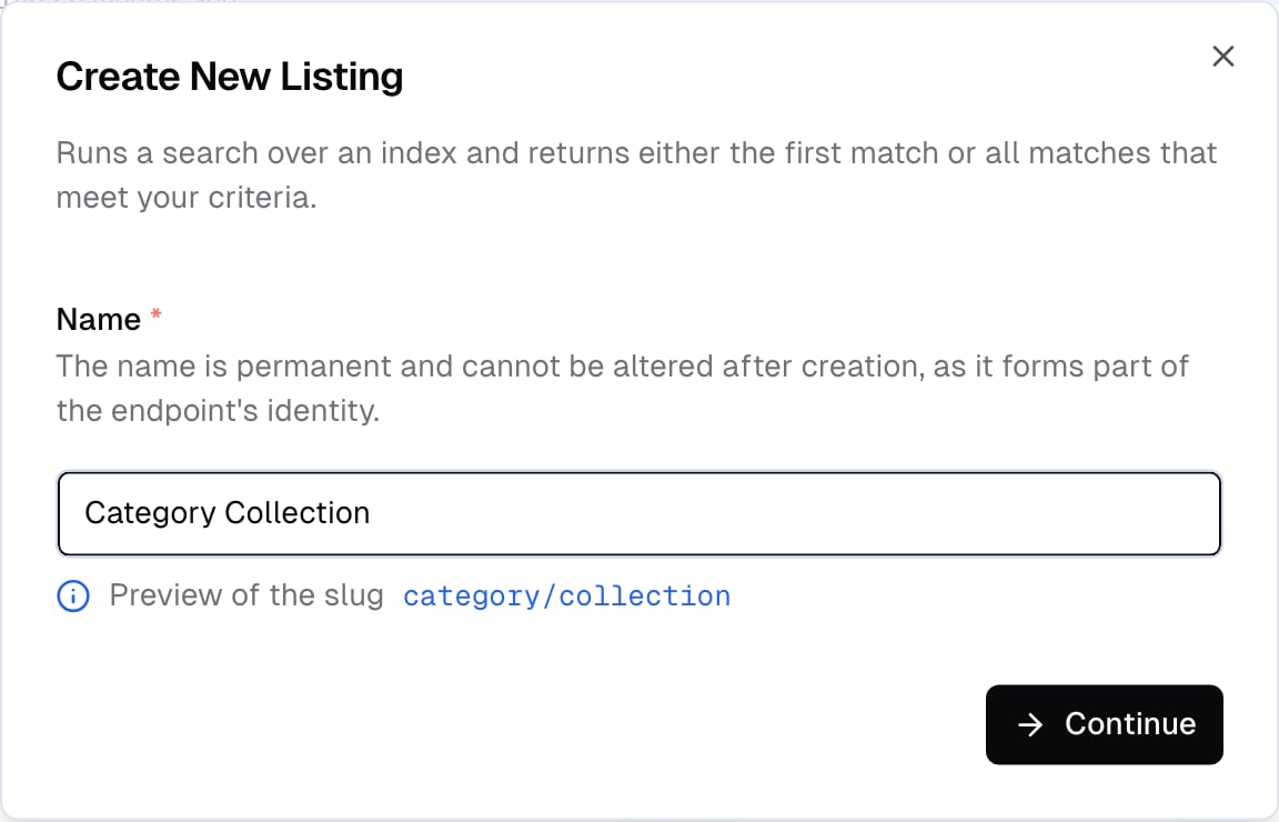 Create listing dialog with name input and auto-generated endpoint URL