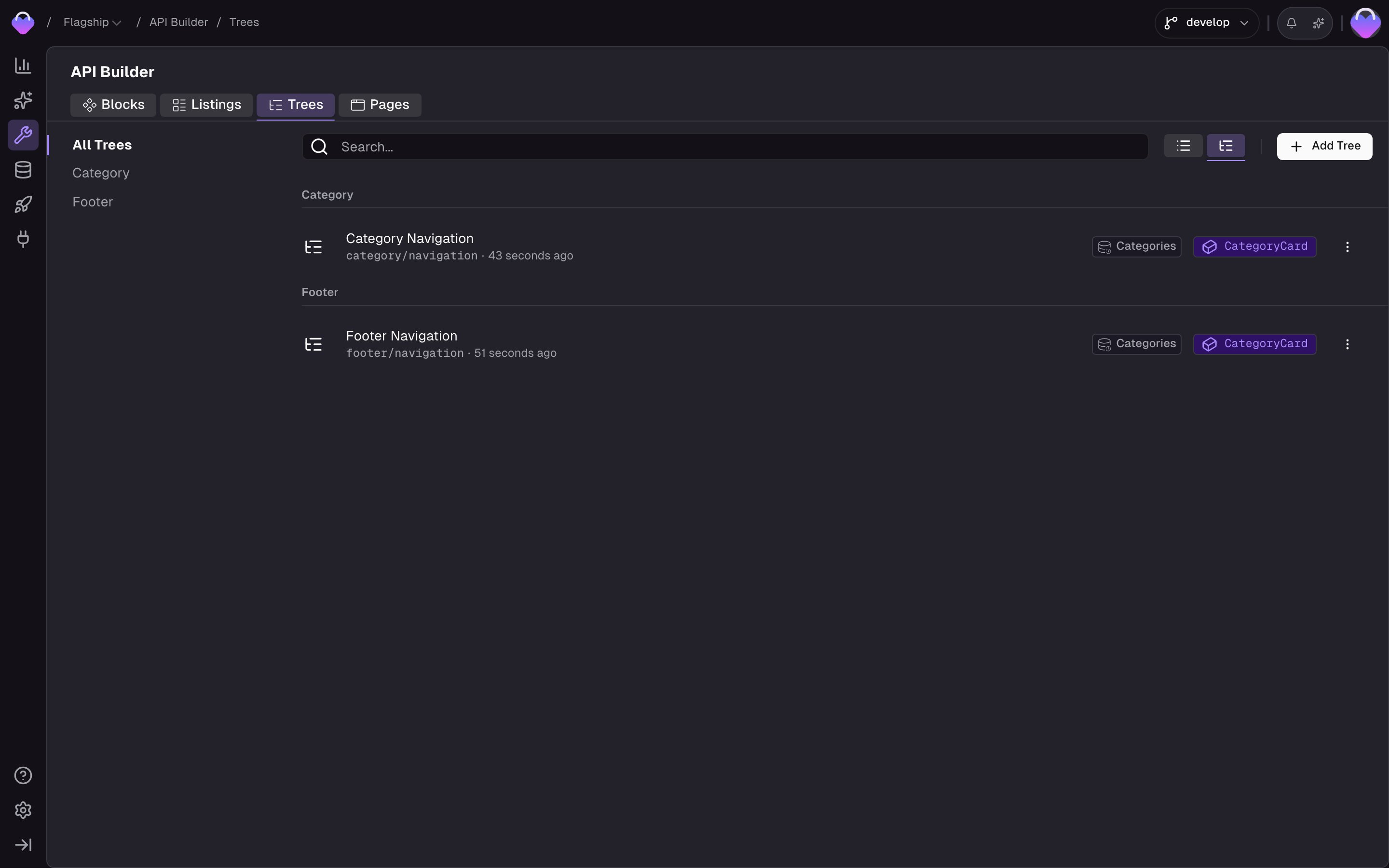 Menu Trees section of the API Builder, listing each tree with its slug, last-updated time, connected storage, and node block