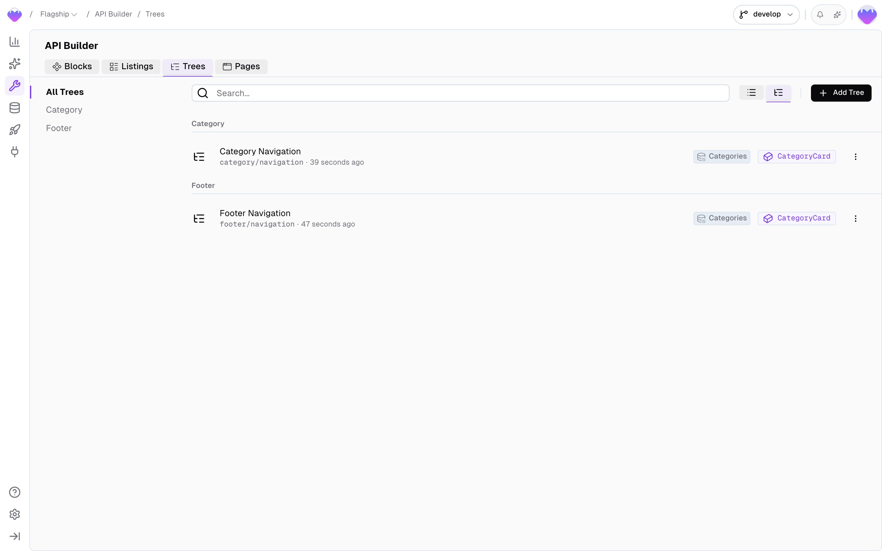 Menu Trees section of the API Builder, listing each tree with its slug, last-updated time, connected storage, and node block
