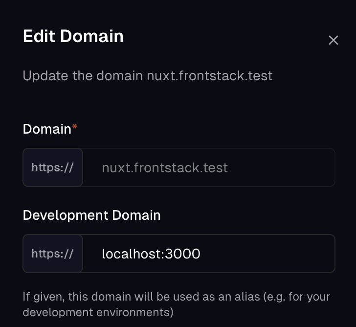 Configuration form for development domain alias