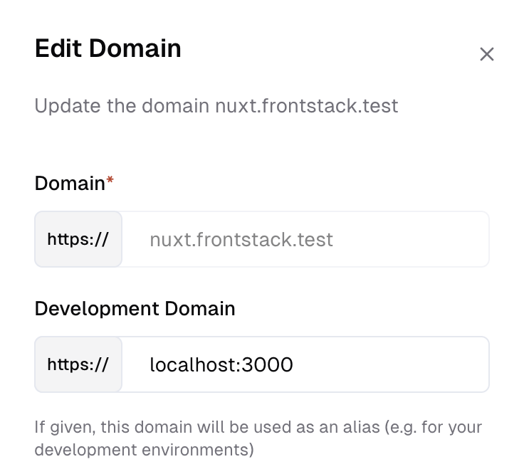 Configuration form for development domain alias