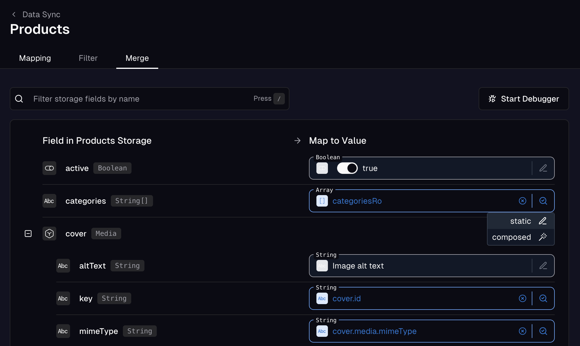 Data Sync Merge interface showing two columns - Storage Fields on left and Map To Value configuration on right