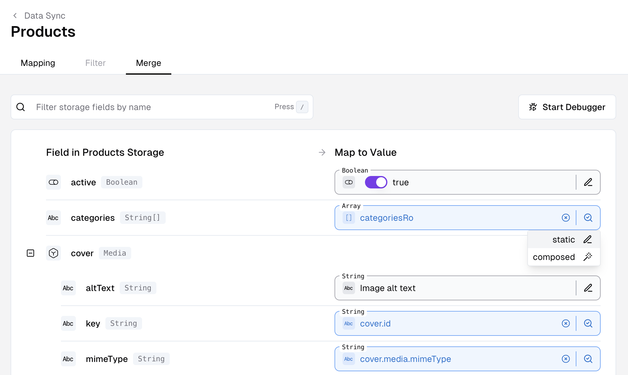 Data Sync Merge interface showing two columns - Storage Fields on left and Map To Value configuration on right