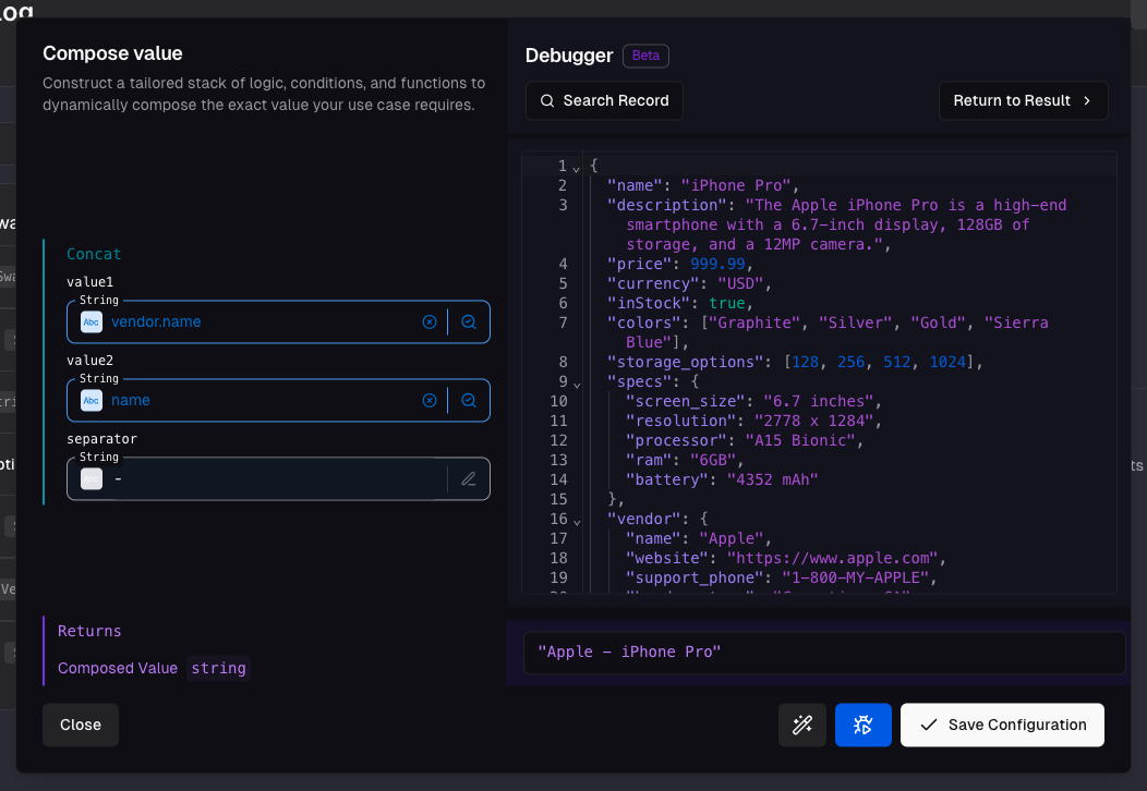 Debugger showing Edit Payload and Search Record buttons for testing with custom or real data