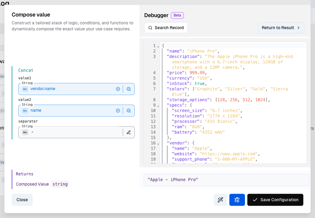 Debugger showing Edit Payload and Search Record buttons for testing with custom or real data