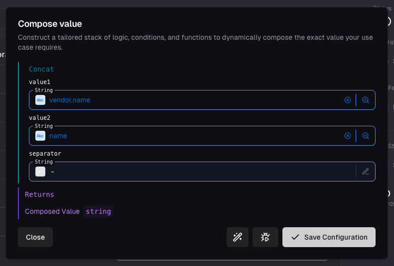 Completed concat configuration with vendor.name and productName fields mapped with dash separator