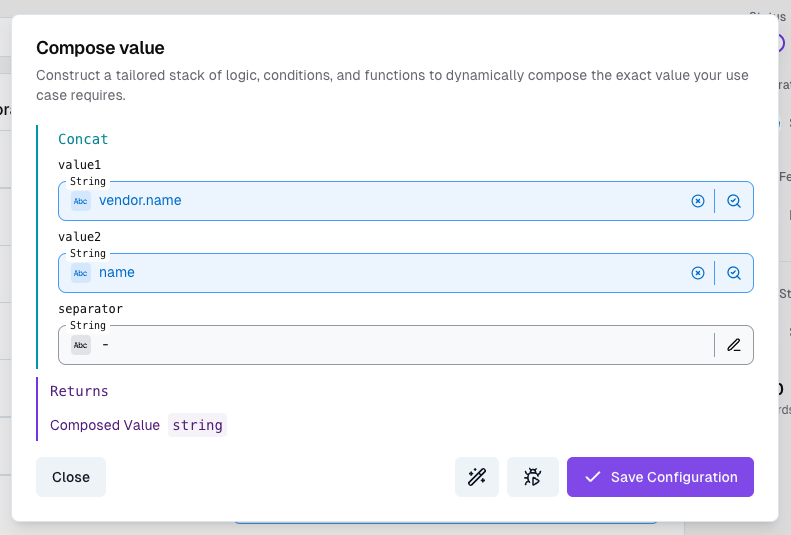 Completed concat configuration with vendor.name and productName fields mapped with dash separator