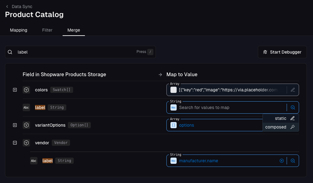 Hovering over mapping mode icon to change from mapped to composed value mode