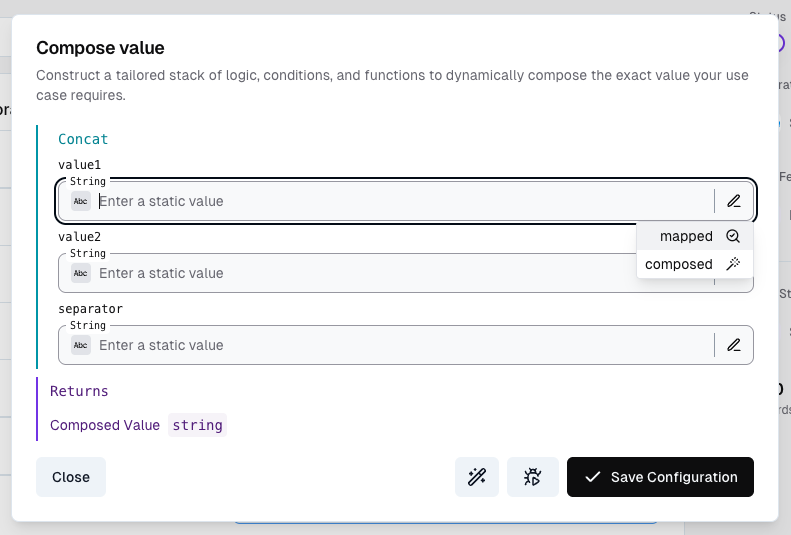 Concat function configuration showing three input fields for first value, second value, and separator