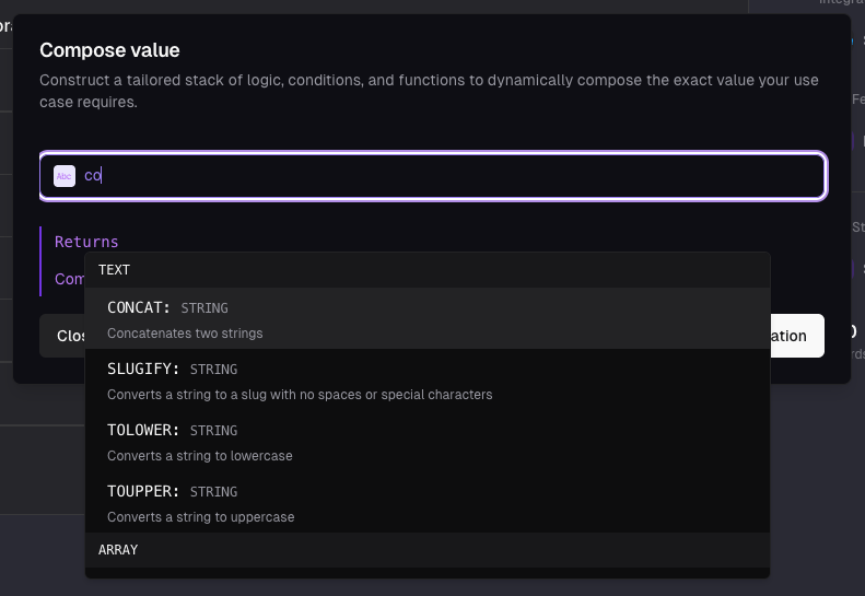 Value composer operation selector showing concat function selected from available operations list