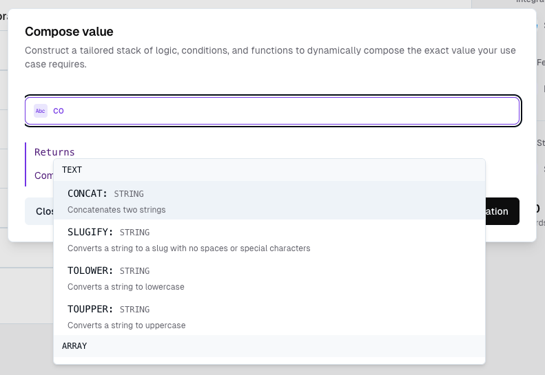 Value composer operation selector showing concat function selected from available operations list