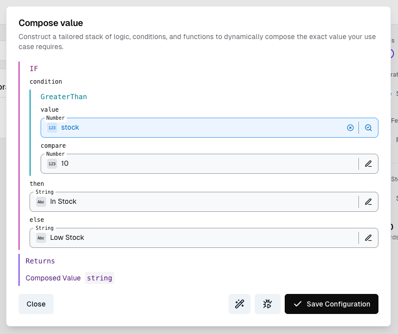 Configured if statement with greaterthan condition comparing stock to 10, returning In Stock or Low Stock