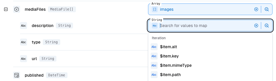 Mapping MediaFile fields using $item accessor to access current array item properties
