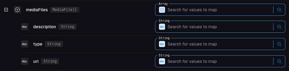 MediaFile composite type structure showing description, type, and url fields for array transformation