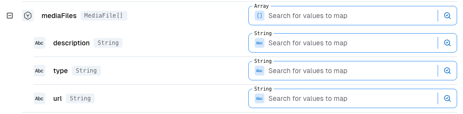 MediaFile composite type structure showing description, type, and url fields for array transformation